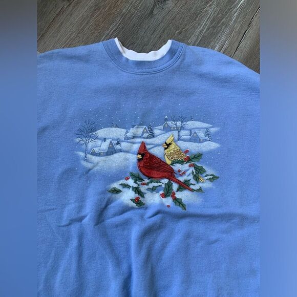 VTG Morning Sun Cardinal Snow Winter Sweatshirt Pullover Blue White Size L XL - Picture 4 of 9